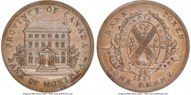 Province of Canada. Bank of Montreal/City Bank Mule "Front View" Penny 1837-Dated (1842) MS64 Brown NGC, Br-Unl, PC-2A2 var., Courteau-88 (R8). Plain ...