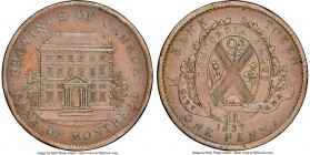 Province of Canada. Bank of Montreal/City Bank Mule "Front View" Penny Token 1842-Dated (1860) MS62 Brown NGC, Br-Unl., PC-2A2. 24.04gm. Plain edge. T...