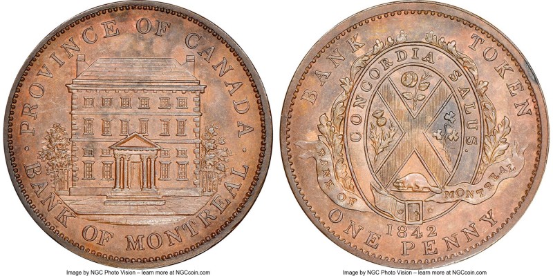 Province of Canada. Bank of Montreal "Front View" Penny Token 1842 MS62 Brown NG...