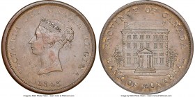 Province of Canada Mule "Bank of Montreal/New Brunswick" Penny Token 1843 AU55 Brown NGC, Br-Unl. (cf. Br-909 [NB-2] for obverse, Br-526 [PC-2] for re...
