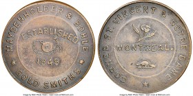 Province of Canada. Montreal "Maysenholder & Bohle" Business Card (Token) ND Token 1849 AU55 Brown NGC, Br-566 (R4), PC-Unl., Robins-29535. Plain edge...