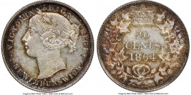 New Brunswick. Victoria 20 Cents 1864 AU53 NGC, London mint, KM9, Br-904. Silver and gold toning, with a blue tint around the peripheries. A few light...