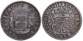 1738. Felipe V (1700-1746). México. 2 Reales. MF. Ag. ESCASA. EBC-. Est.200.