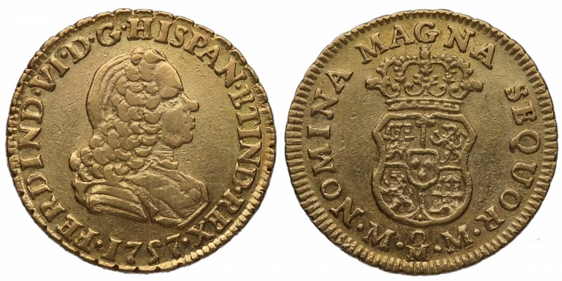 1757. Fernando VI (1746-1759). México. 2 escudos. MM. Au. Rara. Brillo original....