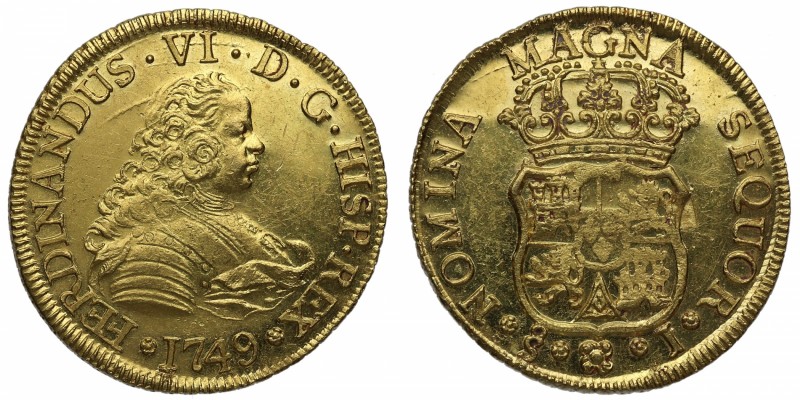 1749. Fernando VI (1746-1759). Santiago. 4 escudos. J. Au. Muy RARA y más así. P...