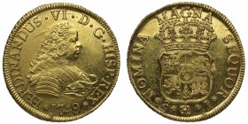 1749. Fernando VI (1746-1759). Santiago. 4 escudos. J. Au. Muy RARA y más así. Pleno brillo original. SC. Est.4000.