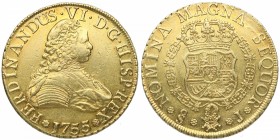 1755. Fernando VI (1746-1759). Santiago. 8 escudos. J. Au. Muy bella. Brillo original. Muy ESCASA. EBC+. Est.4000.