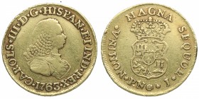 1763. Carlos III (1759-1788). Popayán. 2 Escudos. J. Au. MBC / MBC+. Est.500.