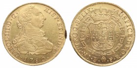 1780. Carlos III (1759-1788). Potosí. 8 Escudos. PR. A&C 2063. Au. 27,08 g. Limadura en canto. (SC). Est.2000.