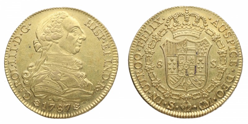 1787. Carlos III (1759-1788). Sevilla. 8 Escudos. CM. A&C 2193. Au. 27,03g. SC-....