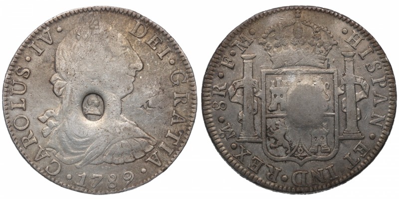 1789. Carlos IV (1788-1808). México. 8 reales. FM. Ag. Resello de Jorge III. RAR...
