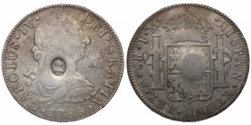 1789. Carlos IV (1788-1808). México. 8 reales. FM. Ag. Resello de Jorge III. RARA. MBC+ (resello EBC). Est.1000.
