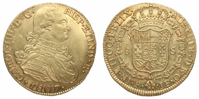 1807/77. Carlos IV (1788-1808). Popayán. 8 Escudos. JF. Au. 27,11 g. SC. Est.300...