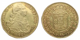 1808. Carlos IV (1788-1808). Popayán. 8 Escudos. JF. A&C 1690. Au. 27,10 g. SC-. Est.2000.