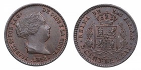 1855. Isabel II (1833-1868). Segovia. 5 céntimos. Cu. Atractiva. SC-. Est.80.
