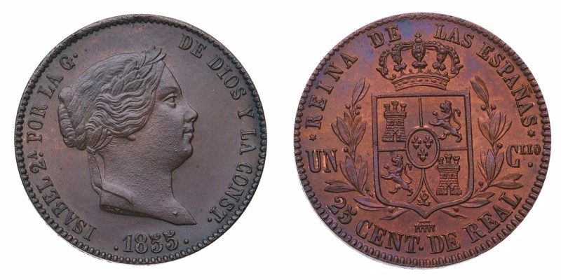 1855. Isabel II (1833-1868). Segovia. 25 céntimos. Cu. Atractiva. SC. Est.170.