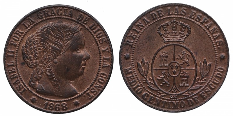 1868. Isabel II (1833-1868). Sevilla. 1/2 céntimo de Escudo . Brillo original. S...
