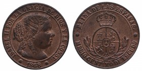 1868. Isabel II (1833-1868). Sevilla. 1/2 céntimo de Escudo . Brillo original. SC. Est.50.