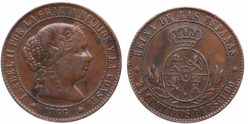1866. Isabel II (1833-1868). Barcelona. 2,5 céntimos de Escudo . Sin OM. EBC. Es...