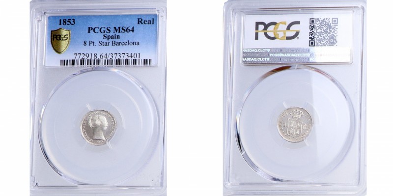 1853. Isabel II (1833-1868). Barcelona. 1 Real. Ag. Encapsulada en PCGS en MS64....