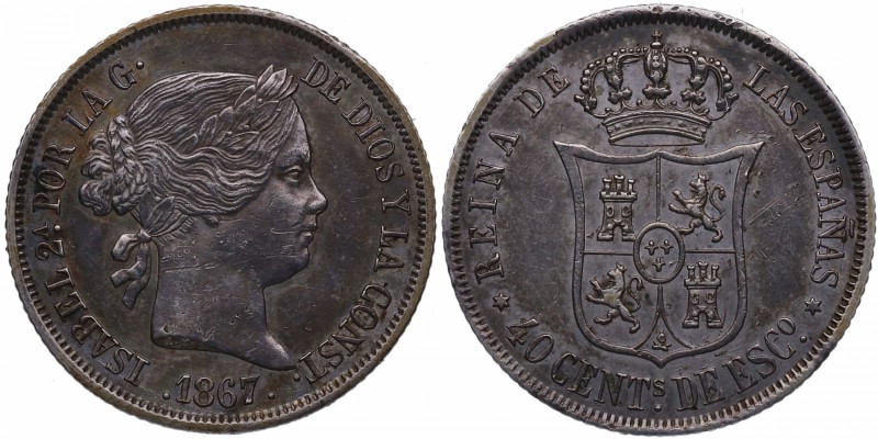 1867. Isabel II . Madrid. 40 Céntimos de Escudo. Abh. Ag. EBC-. Est.95.