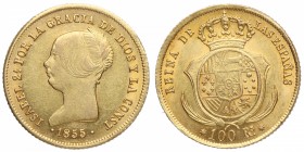 1855. Isabel II (1833-1868). Sevilla. 100 Reales. Au. EBC+. Est.400.