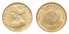 1861. Isabel II (1833-1868). Sevilla. 100 reales. Au. Bella. Brillo original. SC. Est.400.