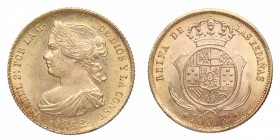 1862. Isabel II (1833-1868). Madrid. 100 reales. Au. Bella. Brillo original. SC. Est.400.