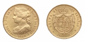 1868*68. Isabel II (1833-1868). Madrid. 100 reales. Au. Bella. Brillo original. SC. Est.400.