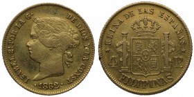 1862. Isabel II (1833-1868). Manila. 4 pesos. Au. Bella. Brillo original. EBC. Est.375.