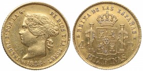 1868. Isabel II (1833-1868). Manila. 4 pesos. Au. Bella. Brillo original. EBC. Est.375.