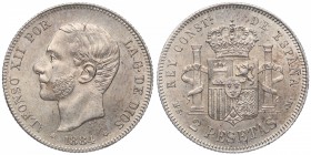1884*84. Alfonso XII (1874-1885). Madrid. 2 pesetas. MSM. Ag. Muy bella. Brillo original. ESCASA. SC. Est.800.