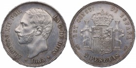 1885*87. Alfonso XII (1874-1885). Madrid. 5 pesetas. MSM. Ag. Bella. Brillo original. Rara así. SC-. Est.400.