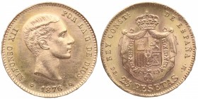 1876*62. Alfonso XII (1874-1885). Madrid. 25 pesetas. DEM. Au. Muy bella. Brillo original. SC. Est.400.