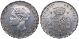1899*99. Alfonso XIII (1886-1931). Madrid. 5 pesetas. SGV. Ag. Bella. Brillo original. Rara así. EBC+. Est.120.