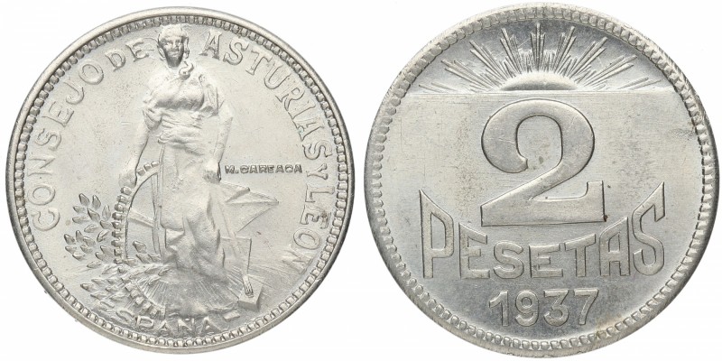 1937. Guerra Civil (1936-1939). Asturias y León. 2 pesetas. Ni. Bellísima. Brill...