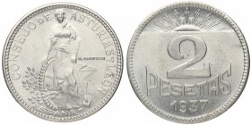 1937. Guerra Civil (1936-1939). Asturias y León. 2 pesetas. Ni. Bellísima. Brillo original. SC / FDC. Est.50.