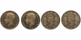 1983. Juan Carlos I (1975-2014). 2 monedas de 100 Pesetas. Flor lis arriba y abajo. EBC+. Est.40.