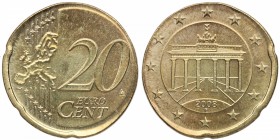 2008. Alemania. 20 céntimos de €. Cu-Al. 4,09 g. Error 20 céntimos acuñada en cospel de 10 céntimos. SC. Est.350.