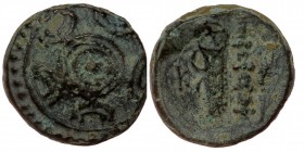 KINGS OF MACEDON. Alexander III 'the Great' (336-323 BC). AE13. Miletos or Mylasa.
Obv: Macedonian shield.
Rev: K, Bow in quiver, club and grain ear.
...