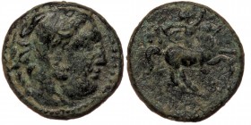 Macedonian Kingdom. Kassander. 316-297 B.C. AE Half Unit
Head of Herakles right, wearing lion's skin headdress 
Rev: horseman pacing right, H left and...