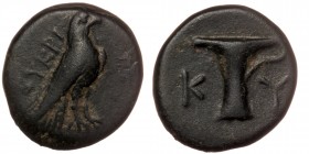 AEOLIS. Kyme. Circa 250-200 BC. AE. Uncertain Magistrate
.. YKPI..Eagle standing right
Rev: One-handled cup left., K-Y across fields.
SNG Copenhagen 4...