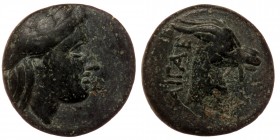 AEOLIS. Aegae. (Circa 300-200 BC). AE
Laureate head of Apollo right.
Rev: AIΓAE./ Head of goat right.
SNG Copenhagen 1; BMC 2-5.
4.02 gr. 18 mm
