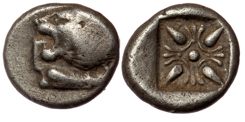 Ionia. Miletos circa 525-475 BC. Diobol AR
Forepart of a lion to left, head turn...