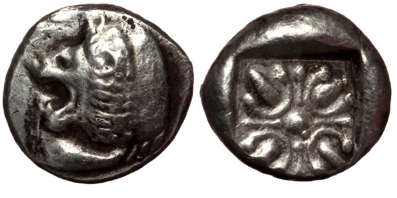 Ionia. Miletos circa 525-475 BC. Diobol AR
Forepart of a lion to left, head turn...