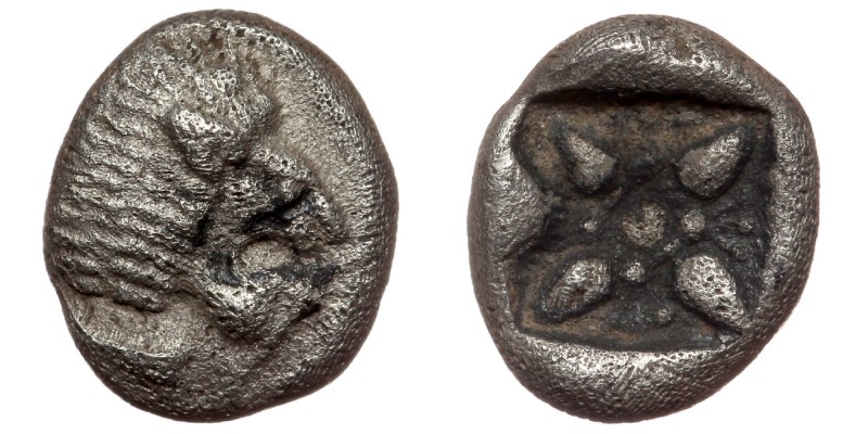 Ionia. Miletos circa 525-475 BC. Diobol AR
Forepart of a lion to right.
Rev: Ste...