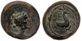 IONIA. Ephesos. AE19 (Circa 50-27 BC). Menophilos, magistrate.
Obv: Draped bust of Artemis right, bow and quiver over shoulder; cicada(?) behind.
Rev:...