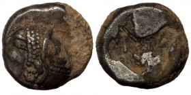 Ionia, Phokaia. Ca. 521-478 B.C. AR obol
Archaic female head left / Quadripartite incuse square.
Klein 452-3.
1,25 gr. 9 mm