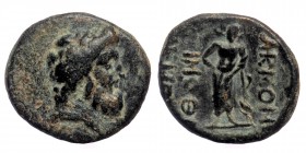 PHRYGIA. Akmoneia. Ae (1st century BC). Timotheos Menela, magistrate.
Obv: Head of Zeus right, wearing oak wreath.
Rev: AKMONE TIMOΘEOY MENEΛA.
Asklep...