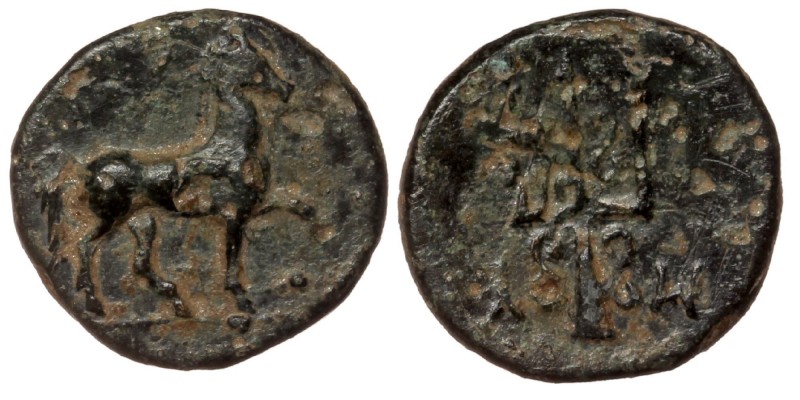 CARIA. Mylasa. AE14 (3rd-2nd centuries BC).
Obv: Horse prancing right.
Rev: M - ...